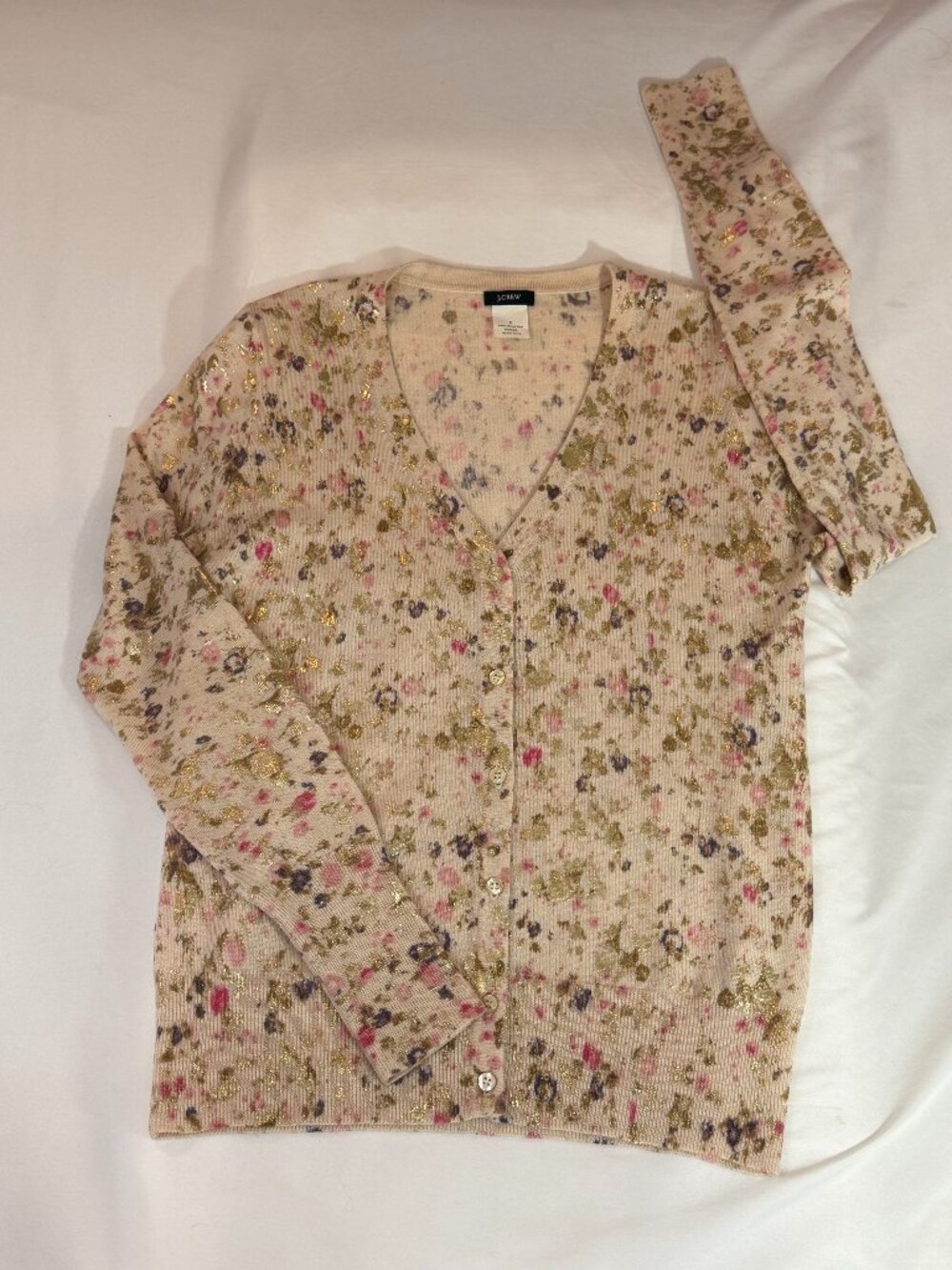 J. Crew Gold Foil Splatter & Pink Floral Merino Wool Cardigan Size Small